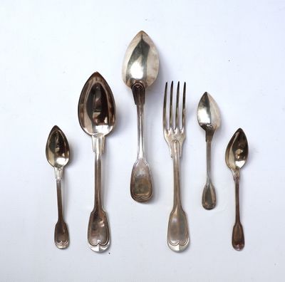 several spoons, forks and spoons are lined up on a white surface