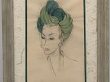 painting of a woman with a green hat and earrings in a frame