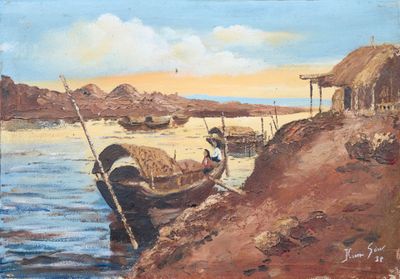 une peinture représentant un bateau au bord de l'eau