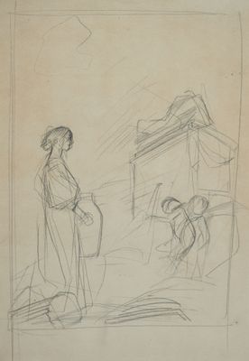 dessin représentant un homme et une femme debout devant un bâtiment
