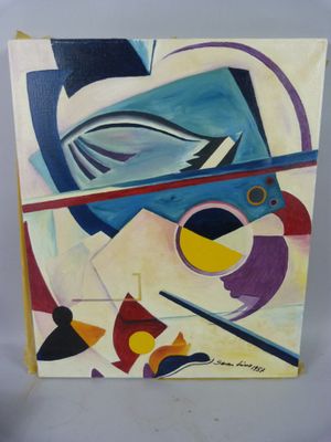 a painting of a painting of a bird with a hat on it