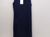 navy blue sleeveless dress next to a cd on a hanger