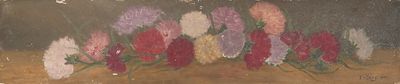 tableau représentant un bouquet de fleurs dans un champ, avec le ciel en arrière-plan
