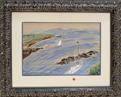 une photo d'un tableau représentant des voiliers sur l'eau
