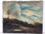 peinture représentant un paysage avec une route et des arbres sur une colline