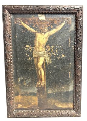 an old painting of a man on a cross with a cross on it