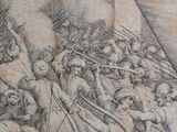 drawing of a group of people on a boat in a body of water