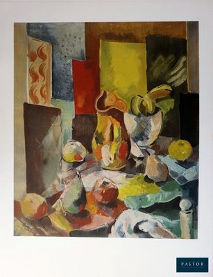 une peinture représentant une nature morte avec des fruits sur une table