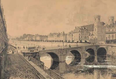 a drawing of a bridge over a river in a city