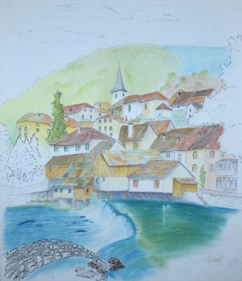 tableau représentant un village avec un pont enjambant une rivière et un autre pont au premier plan