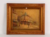 une peinture à l'huile d'une scène de rue avec une voiture à cheval