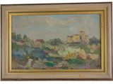 une peinture à l'huile d'un paysage avec un château au loin