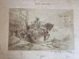 an old picture of a man on a horse being pulled by a group of men