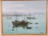 a painting of boats floating on the water in the ocean