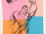 a drawing of superman flying through the air with a fist in his hand