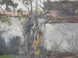 a painting of a tree in front of a building