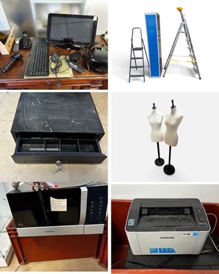many different pictures of a desk with a computer and a printer