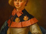 portrait of a young girl in a blue dress and a straw hat