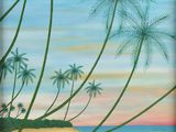un tableau représentant une scène de plage avec des palmiers