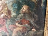 an old painting of a man and a woman in a wooded setting