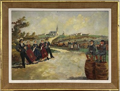 une peinture à l'huile représentant un groupe de personnes debout sur un chemin de terre