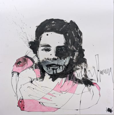 tableau représentant une femme tenant un bébé dans ses bras, avec un oiseau posé sur son épaule
