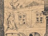 drawing of a building with a statue on the front of it