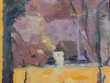 an image of a painting of a tree and a building in the background