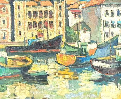 a painting of boats in a harbor with buildings in the background