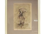 dessin encadré représentant une femme avec un parapluie sous la pluie