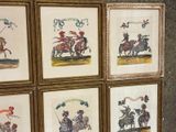 four framed pictures of men on horseback with flags and banners
