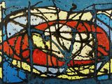 Peinture abstraite représentant un bol rouge, jaune, bleu et blanc