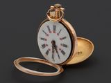 une image d'une montre de poche en or avec des chiffres romains sur le cadran