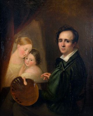 painting of a man holding a child and a fan in front of a mirror