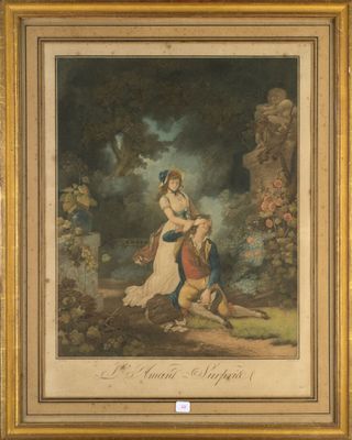 a painting of a woman and a child in a wooded setting
