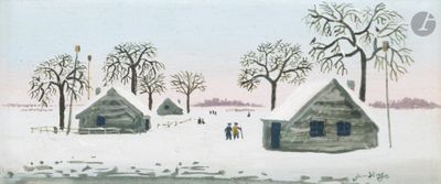 un tableau représentant un village par temps de neige