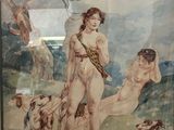 tableau représentant une femme et deux chiens dans un champ parsemé d'arbres