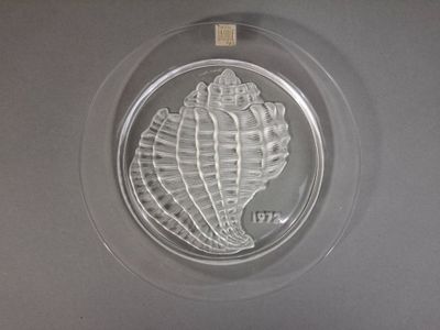 une photo d'une assiette en verre transparent sur laquelle est posé un coquillage