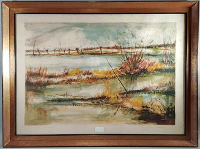 peinture représentant un paysage avec une rivière et des arbres en arrière-plan
