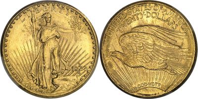 a gold coin with the image of a saint gaudet on it