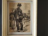 a drawing of a man with a hat and cane stands in front of a black wall
