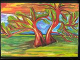 painting of a red tree in a green field with a blue sky in the background