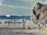 a painting of people on the beach by the water
