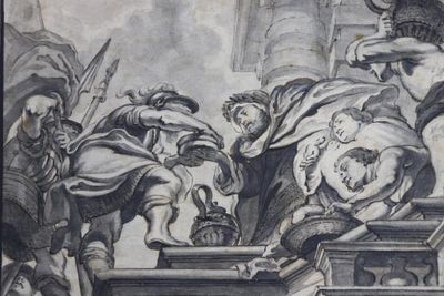drawing of a painting of a group of people on a staircase