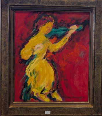 une peinture à l'huile représentant une femme en robe jaune tenant un parapluie vert