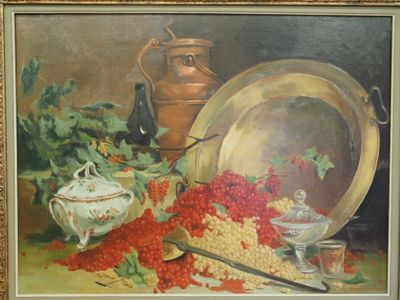 une peinture représentant une nature morte avec un bol de baies et une théière