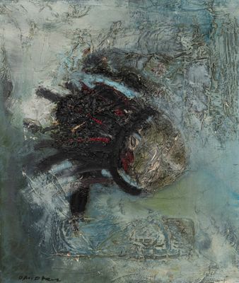 an image of a painting of a black dog with a ball in it ' s mouth