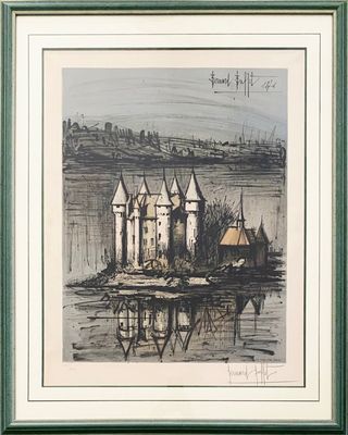 painting of a castle on a small island in the middle of a body of water