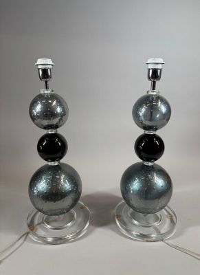 pair of black and silver glass table lamps on lucine bases