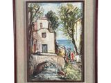 une peinture à l'huile représentant un pont enjambant une rivière, avec des personnes dessus